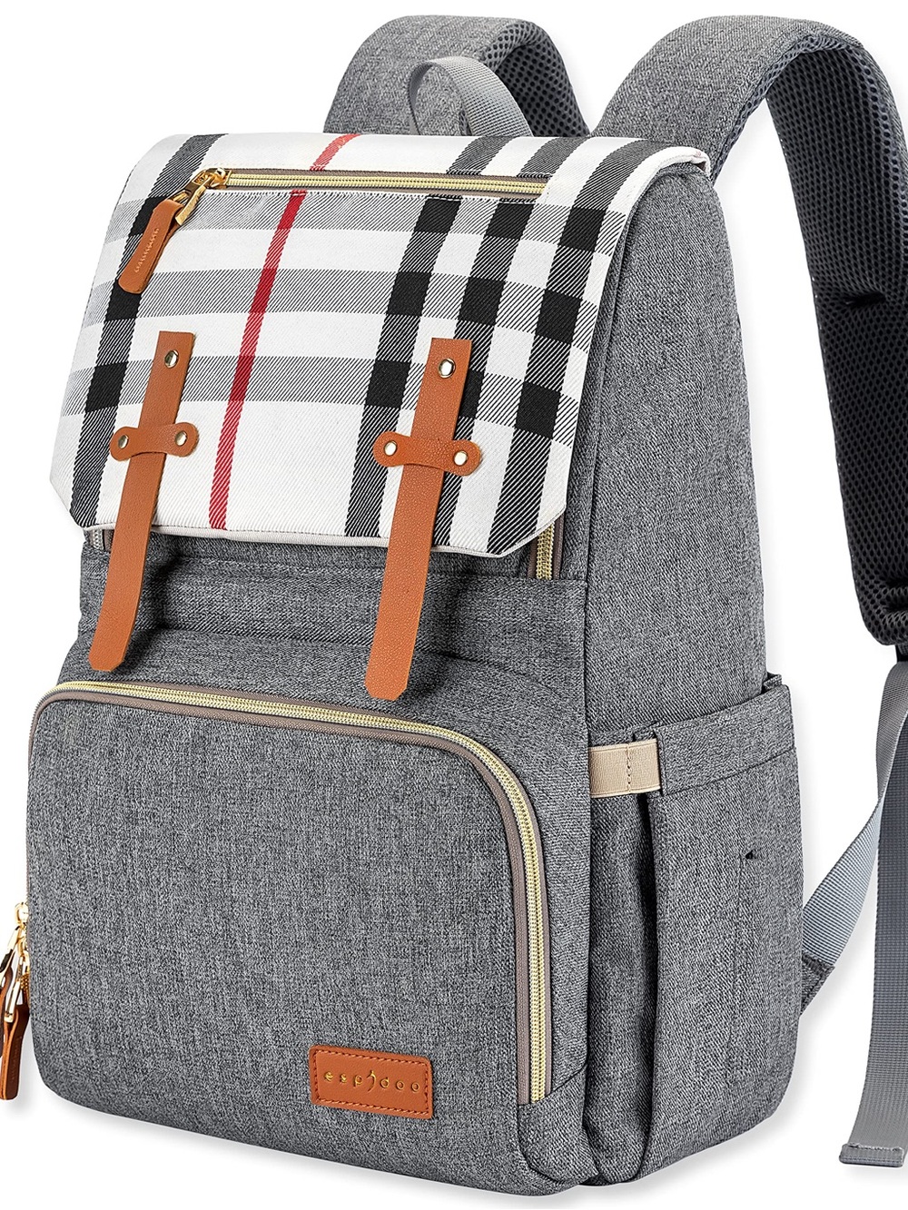 Espidoo Gray Plaid Accent Diaper Bag Backpack with Tan Trim